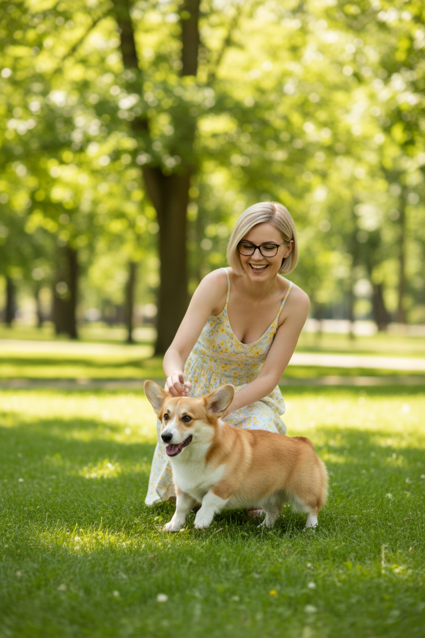 Happy Woman with Corgi Outdoors